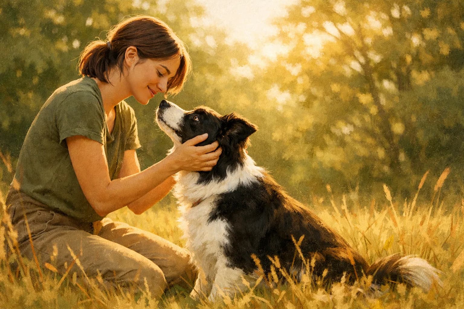 Propriétaire et son Border Collie partageant un moment de complicité dans une prairie ensoleillée